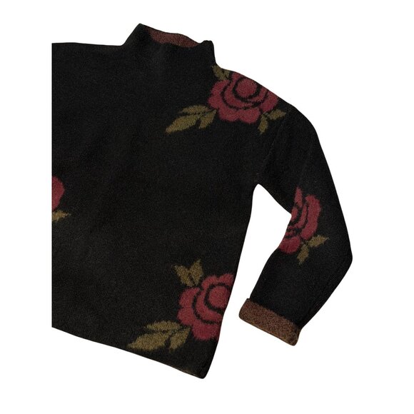 MB Women’s Medium Fuzzy Black Sweater Red Rose Floral Mockneck Pullover 20x23 - Picture 3 of 7